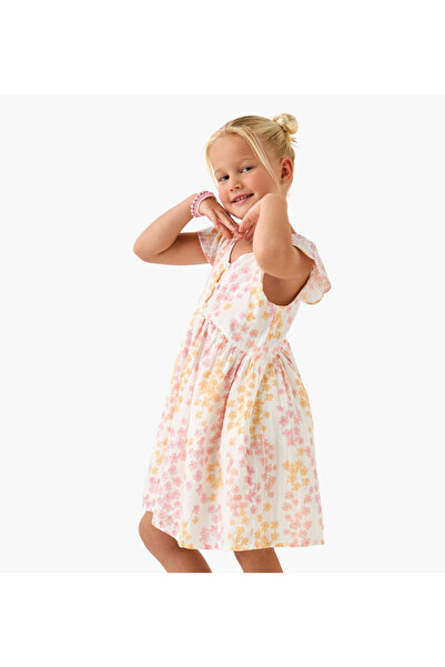 Juniors Floral Print Dress with V-Neck and Cap Sleeves