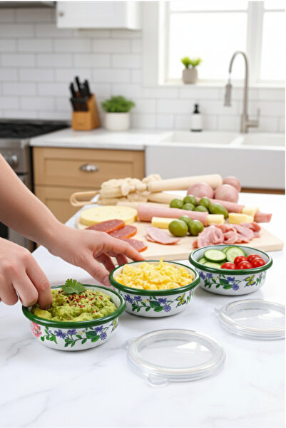 İnci Emaye 3 Piece Medium Size, with Lid, Patterned Enamel Breakfast Set, Presentation, Breakfast Plate, Jam Bowl, Olive