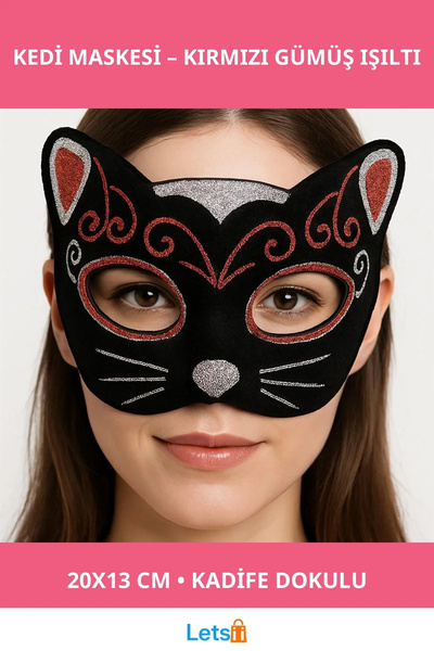 Letsii Velvet Textured Cat Mask Red with Silver Detail
