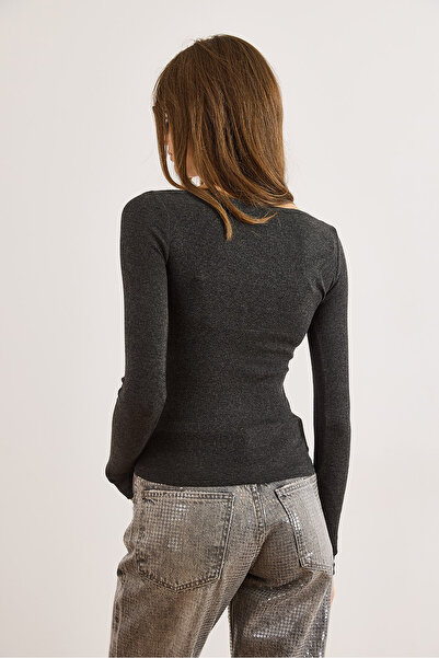 Olalook Women Anthracite Deep V Neck Lace Detailed Stretchy Cotton Blouse Blz-19002954