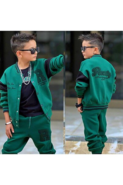 RAPAPA Boys' Green College Style 3-Piece Tracksuit Set – R Letter Embroidered Sports Combination 43131