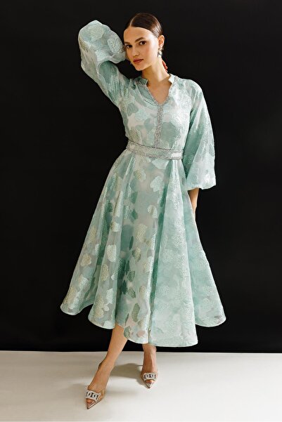 Nefeli Balon Kol Varaklı Elbise YEŞİL