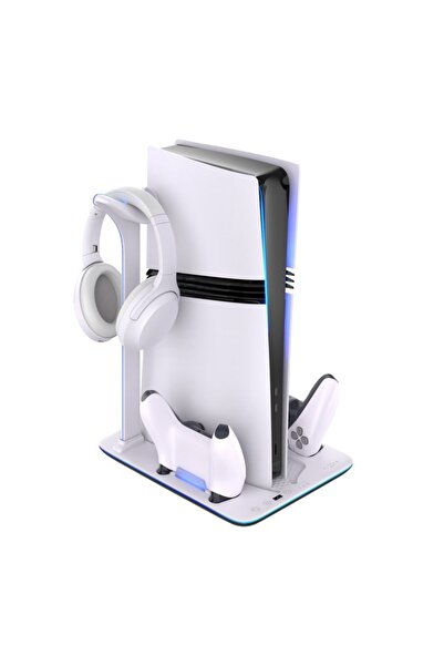 FIXED PS5 Stand, for Pro/Slim, Charges 2 Controllers, Headphone Support, RGB LED, White/Black