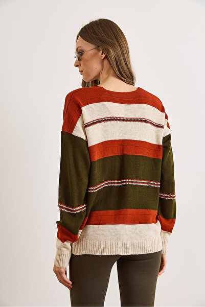 Olalook Kadın Taş V Yaka Renk Bloklu Triko Kazak KZK-19001024