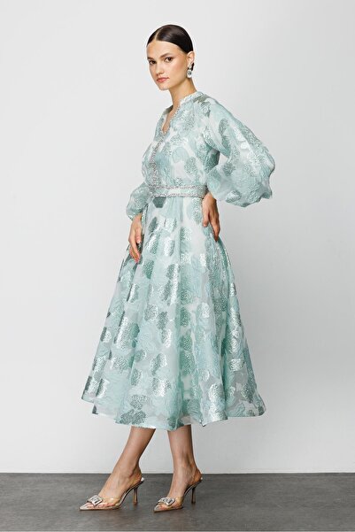 Nefeli Balon Kol Varaklı Elbise YEŞİL