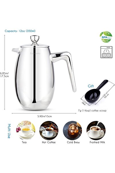 Easyworkz Nando French Press, Double Wall Insulated, 350 ml, Stainless Steel 304, Silver