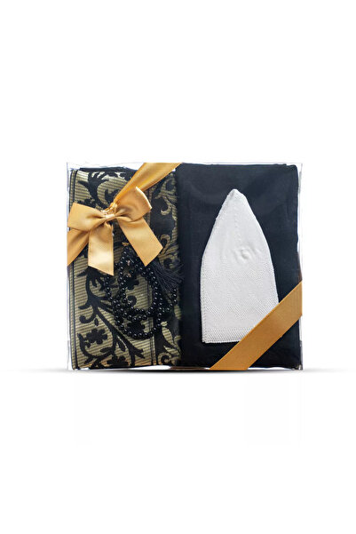 Hayrat Neşriyat Seccade + Scarf + Skullcap + Prayer Beads Gift Set (Acetate Boxed, Black)