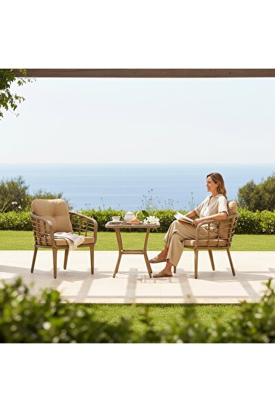 Tu Tienda KARTEPE 2 TEKLİ OTURAK+SEHPA(60*90) BAHÇE BALKON MUTFAK TAKIMI,BAMBU RATTAN / BEJ KUMAŞ