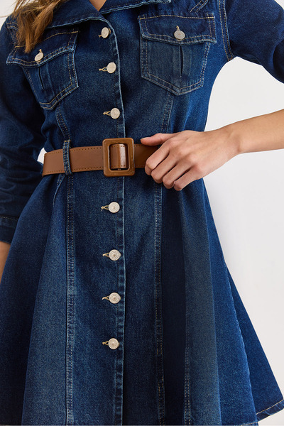 Olalook Kadın Koyu Mavi Kemerli Volanlı Cepli Mini Denim Elbise ELB-19002554