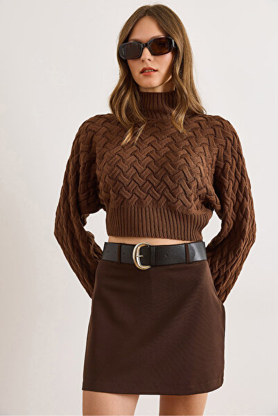 Olalook Дамски кафяв пуловер с широки ръкави и детайли KZK-19001040