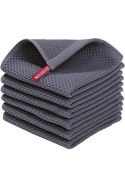 Homaxy مناشف مطبخ وافل قطنية 100%، 12 × 12 بوصة، عبوة من 6 قطع - رمادي غامق