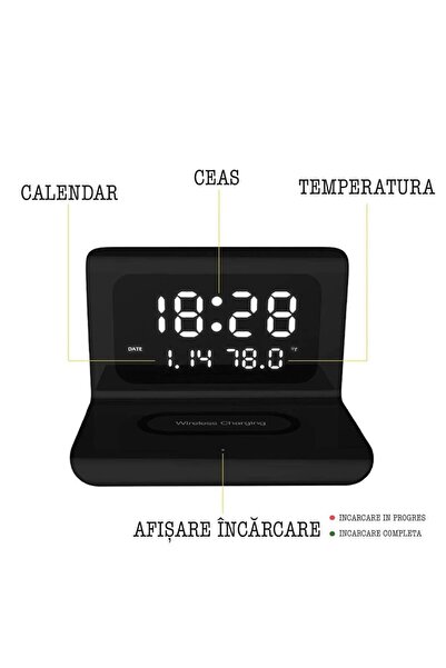 Quasar & Co. Digital clock with wireless charging station, with date, alarm and temperature, 17x12x12.5 cm, black