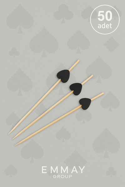 İthal Bambu Maça Kürdan 12 cm, Siyah Kalp, Parti, Sunum,hamburger, Kokteyl, R...