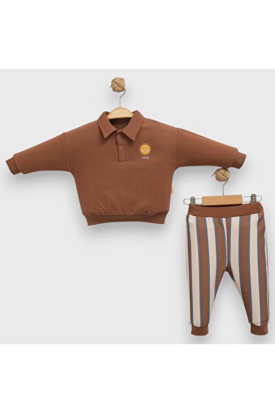 BİSCOİ Babybiscoi Polo Collar Sun Printed Baby Boy Set with Elastic Waist and Snap Fasteners on the Collar