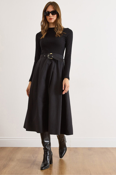 Olalook Kadın Siyah Gizli Fermuarlı Kemerli Garnili Maxi Elbise ELB-19002553