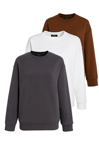 Madmext Brown/Smoked/Ecru Crew Neck Basic 3-Pack Sweatshirt Mg2595