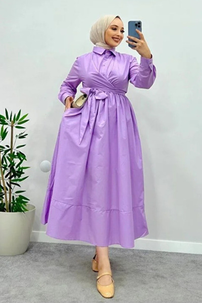 Tesettür Diyarı Rochie de damă cu guler de cămașă cu detaliu de legare