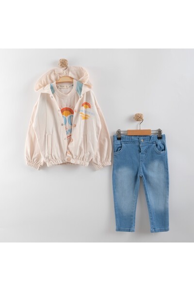 BİSCOİ Babybiscoi Sunny Cappadocia Badili Hooded Piece Set with Snap Fasteners on the Front and Jeans