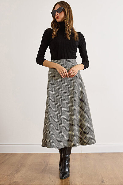 Olalook Women's Black Side Hidden Zipper Houndstooth Maxi Bell Skirt Etk-19000366