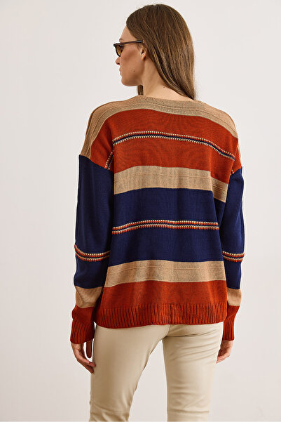 Olalook Pulover tricotat pentru femei, cu decolteu în V, bloc de culoare KZK-19001024