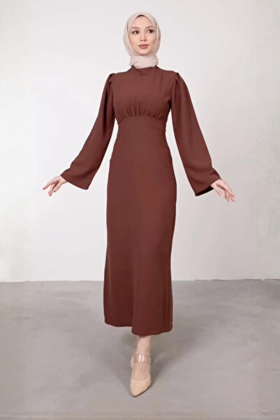Tesettür Diyarı Ισπανικό φόρεμα χωρίς κορδέλα στη μέση - Καφέ Πικρό