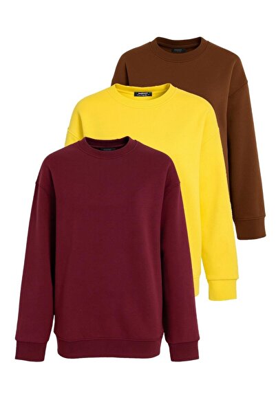 Madmext Yellow/Brown/Burgundy Crew Neck Basic 3-Pack Sweatshirt Mg2595