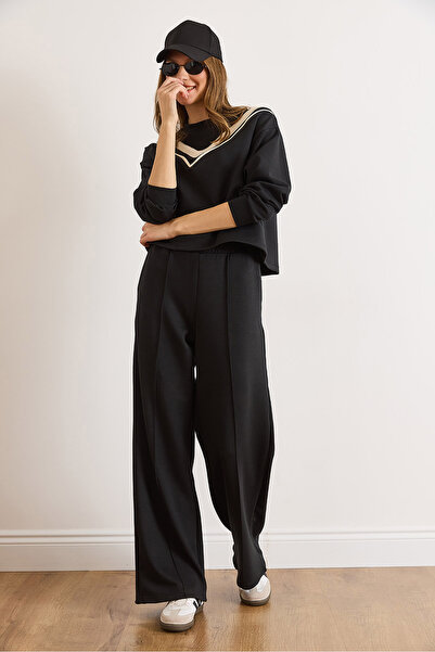 Olalook Kadın Siyah Üst V Detaylı Bluz Alt Cepli Pantolon Modal Tuşeli Takım TKM-19000458