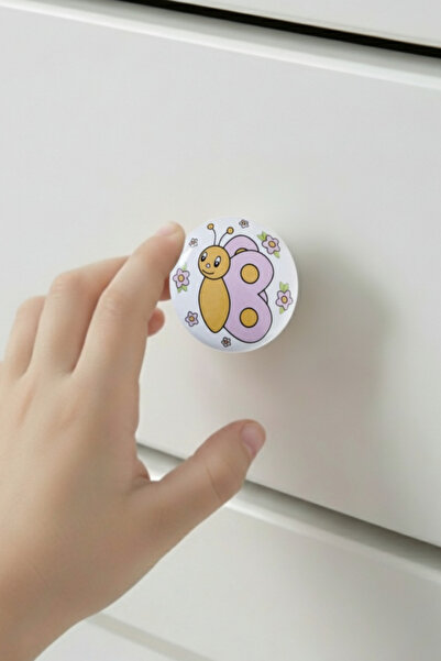 MegaVitrin Porcelain Butterfly Patterned Children's Room Furniture Handle Ceramic Drawer Cabinet Knob (50 mm Large Size)