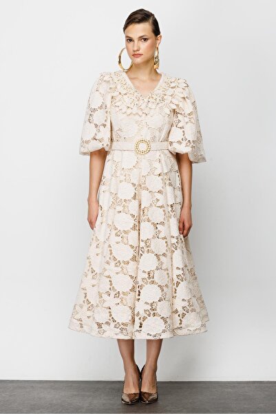 Nefeli İnci Yaka Dantel Elbise EKRU