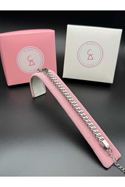 Alsem Gümüş Renk Çift Sıra Örgü Zincir Bileklik , Paslanmaz Çelik Şık Erkek B...