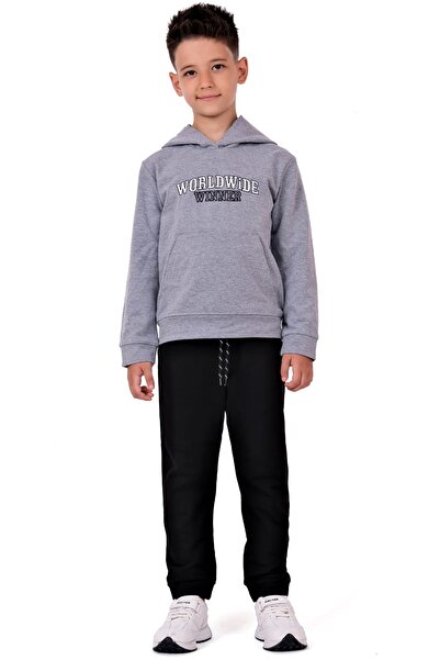 Mnk Baby&Kids Boy's Worldwide Winner Embroidered Kangaroo Pocket Hooded Tracksuit Set Gray