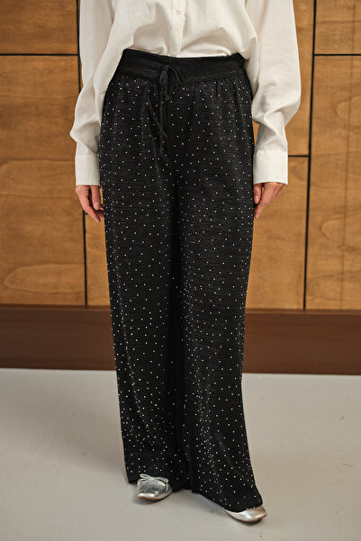 LOCCO Women's Sim Detail Stone Knitwear Trousers Black