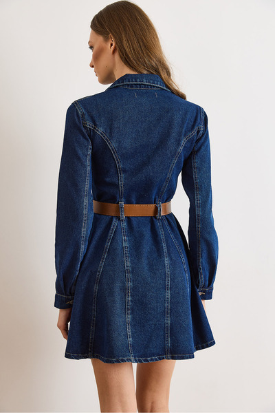 Olalook Kadın Koyu Mavi Kemerli Volanlı Cepli Mini Denim Elbise ELB-19002554