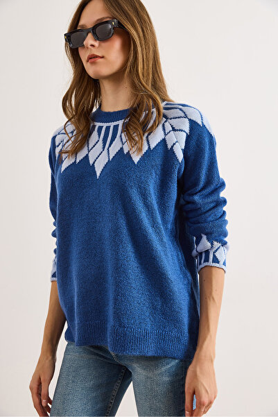 Olalook Kadın İndigo Yaka Manşet Detaylı Triko Kazak KZK-19001023