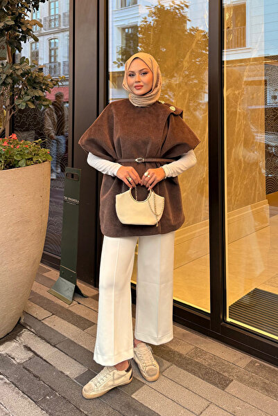 LOCCO Women's Shawl Detail Belted Vest Brown