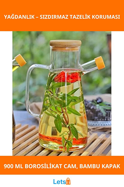 Letsii وعاء زيت من الزجاج البوروسيليكات سعة 900 مل مع غطاء من الخيزران مانع ل...