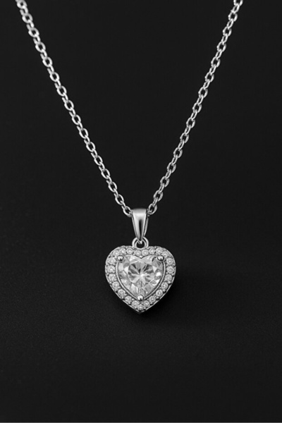 The Collection Gümüş Zirkon Taşlı Kalp Charm Model Kadın Kolye ve Bileklik Seti