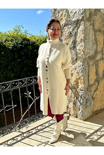 Punta Otantik Nc25025 Full Buttoned Wool Long Cardigan Ecru