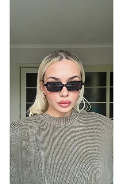 TomyHelf Siyah Slim Rectangle Kadın Güneş Gözlüğü UV400 Korumalı Düz Çerçeve ...