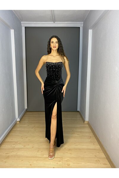 gökkuşagı moda Siyah Kadife Straplez Likralı Üst İnci Taş Detaylı Yırtmaçlı U...