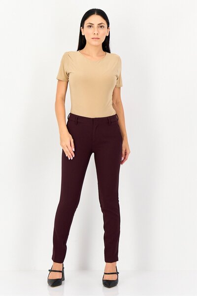 Reiko Women Cigarette Fit Solid Skinny Pants, Maroon