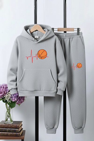 FYK KİDS 3 İplik Kışlık Kalın Basketbol Baskılı Kanguru Cepli Kapüşonlu 6 parça Erkek Çocuk Eşofman Takımı