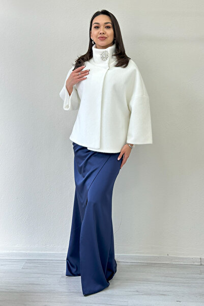 zks grup tekstil Women's Mock Neck Stone Detailed Evening Dress Fur Black, White