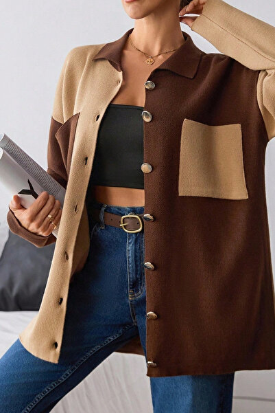 Cemre Life Women's Brown Beige Color Block Buttoned Knitwear Cardigan