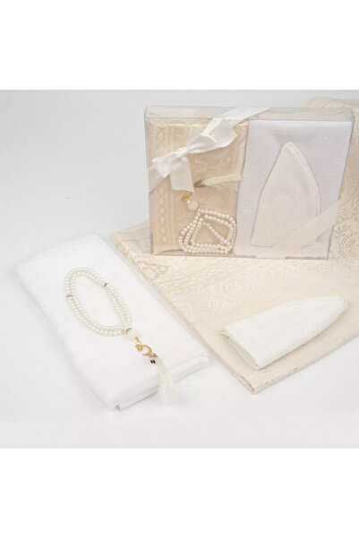 Hayrat Neşriyat Seccade + Scarf + Skullcap + Prayer Beads Gift Set (Acetate Boxed, White)