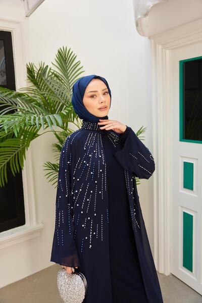 Hülya Keser Prenses Taşlı İçlikli Abaya - Lacivert