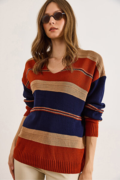 Olalook Pulover tricotat pentru femei, cu decolteu în V, bloc de culoare KZK-19001024