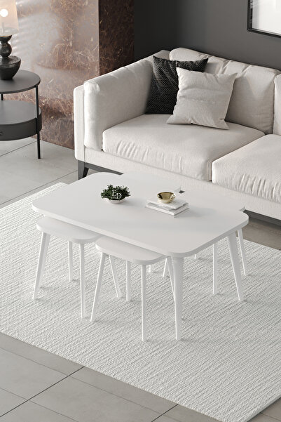 ED Efelez Design Zigon ve Orta Sehpa 5'li Takım , Metal Ayaklı , Roma 4+1 Sehpa , Beyaz Metal - Beyaz Tabla
