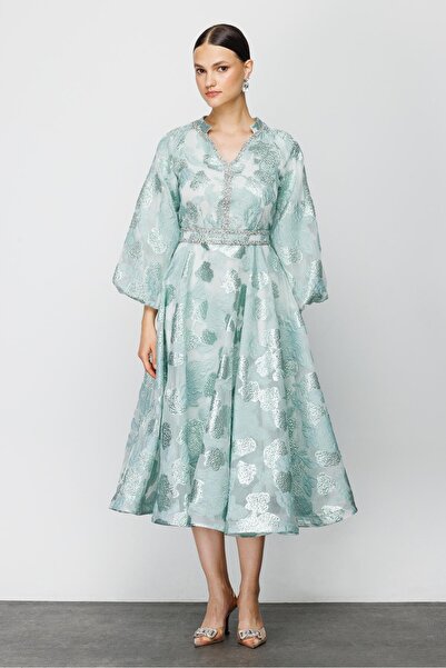 Nefeli Balon Kol Varaklı Elbise YEŞİL