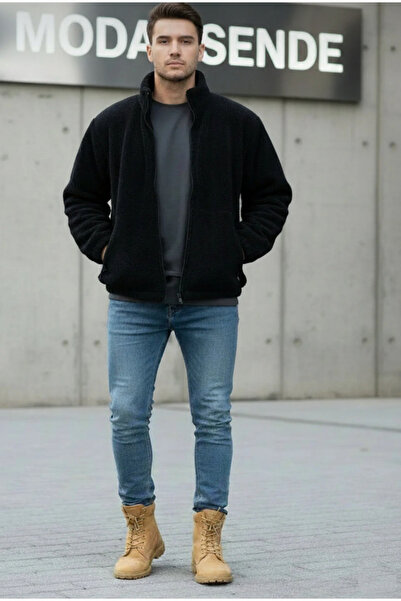 Cancanlı Kumaşçılık Erkek Peluş Ceket Kalın Oversize Fermuarlı